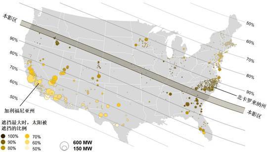 美国大型光伏电站分布以及日光遮挡比例图 美国大型光伏电站分布以及日光遮挡比例图